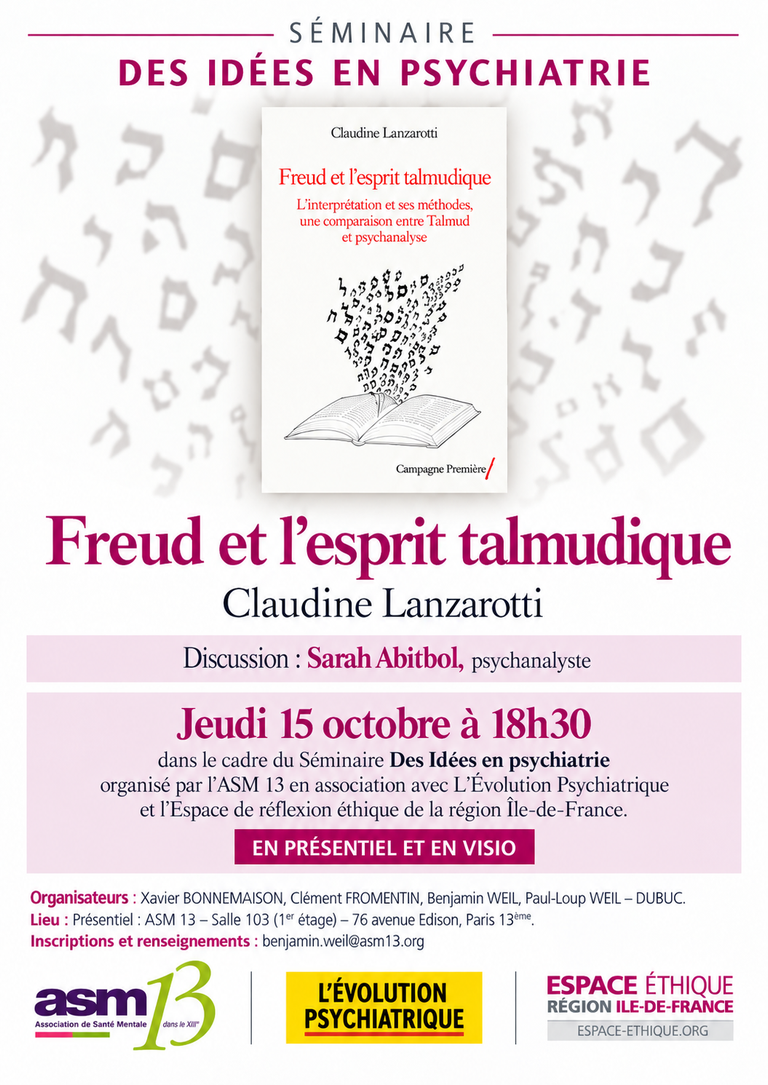 Lire la suite à propos de l’article Séminaire Des Idées en psychiatrie : 15 octobre – Claudine Lanzarotti présente : Freud et l&rsquo;esprit talmudique