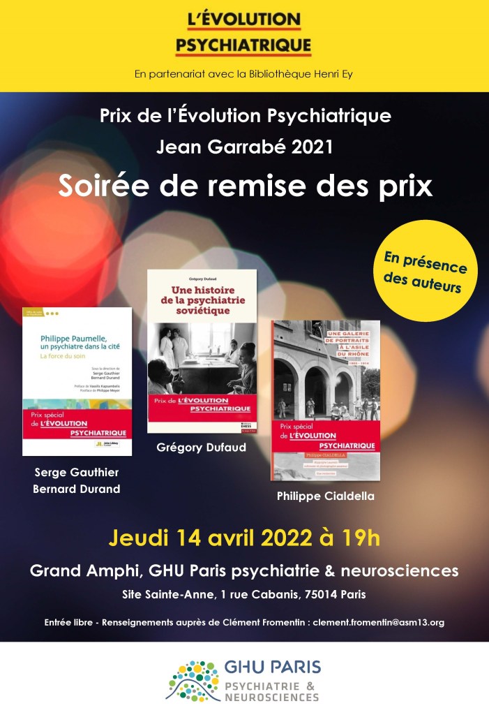 Lire la suite à propos de l’article Jeudi 14 Avril à 19h : Soirée de remise des prix de l&rsquo;Evolution psychiatrique – Jean Garrabé 2021